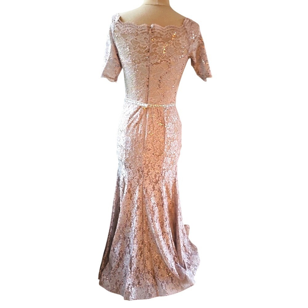 Cindy Collection USA Rose Gold Lace Sequin Mermaid Gown Rhinestone Belt 1638 S - Picture 9 of 13